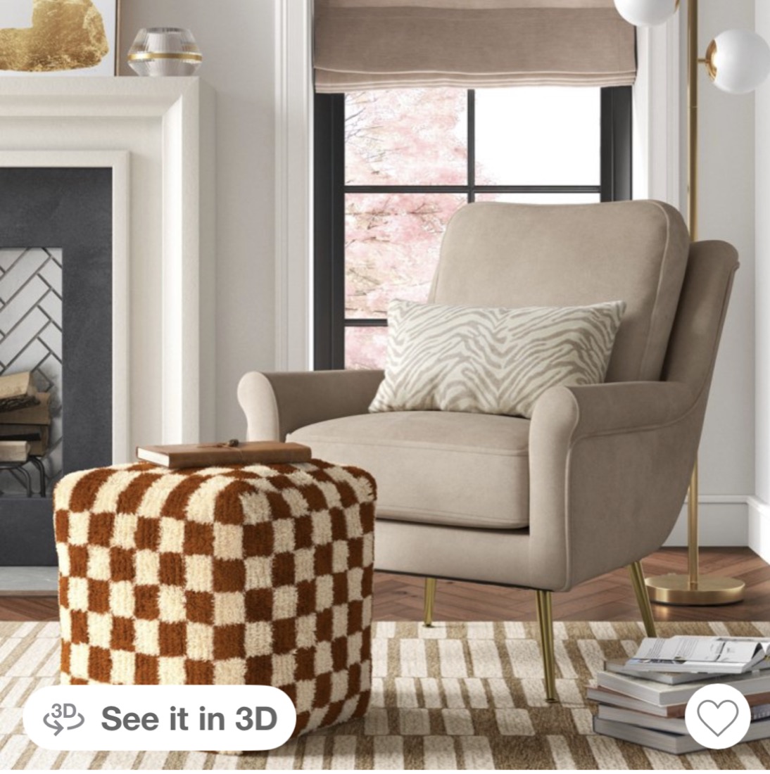 Tan upholstered accent chair styled in a living room