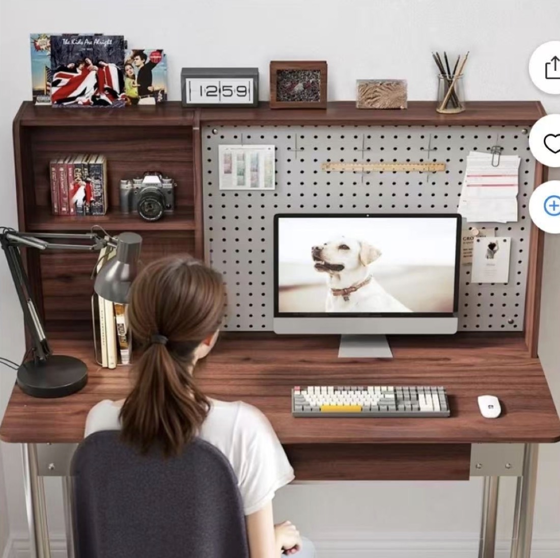 Wood computer desk with shelf hutch and pegboard organizer