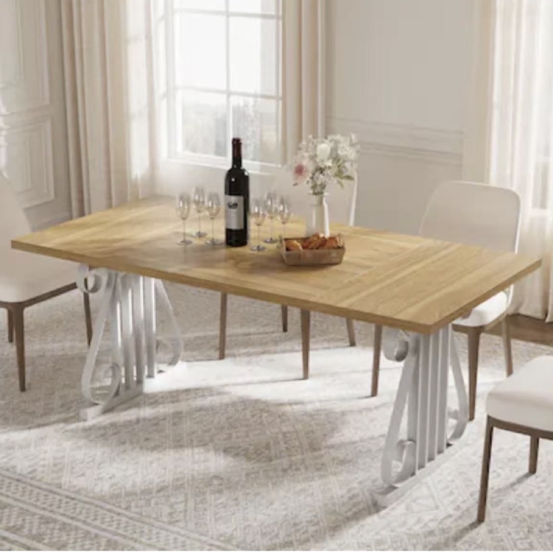 Oak-top dining table with white pedestal base