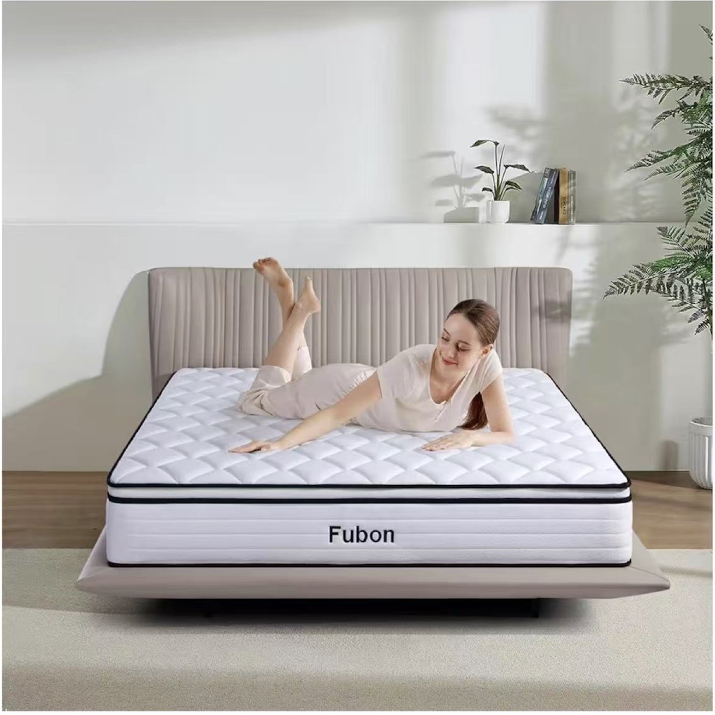 Fubon quilted hybrid pillow-top mattress on an upholstered bed frame