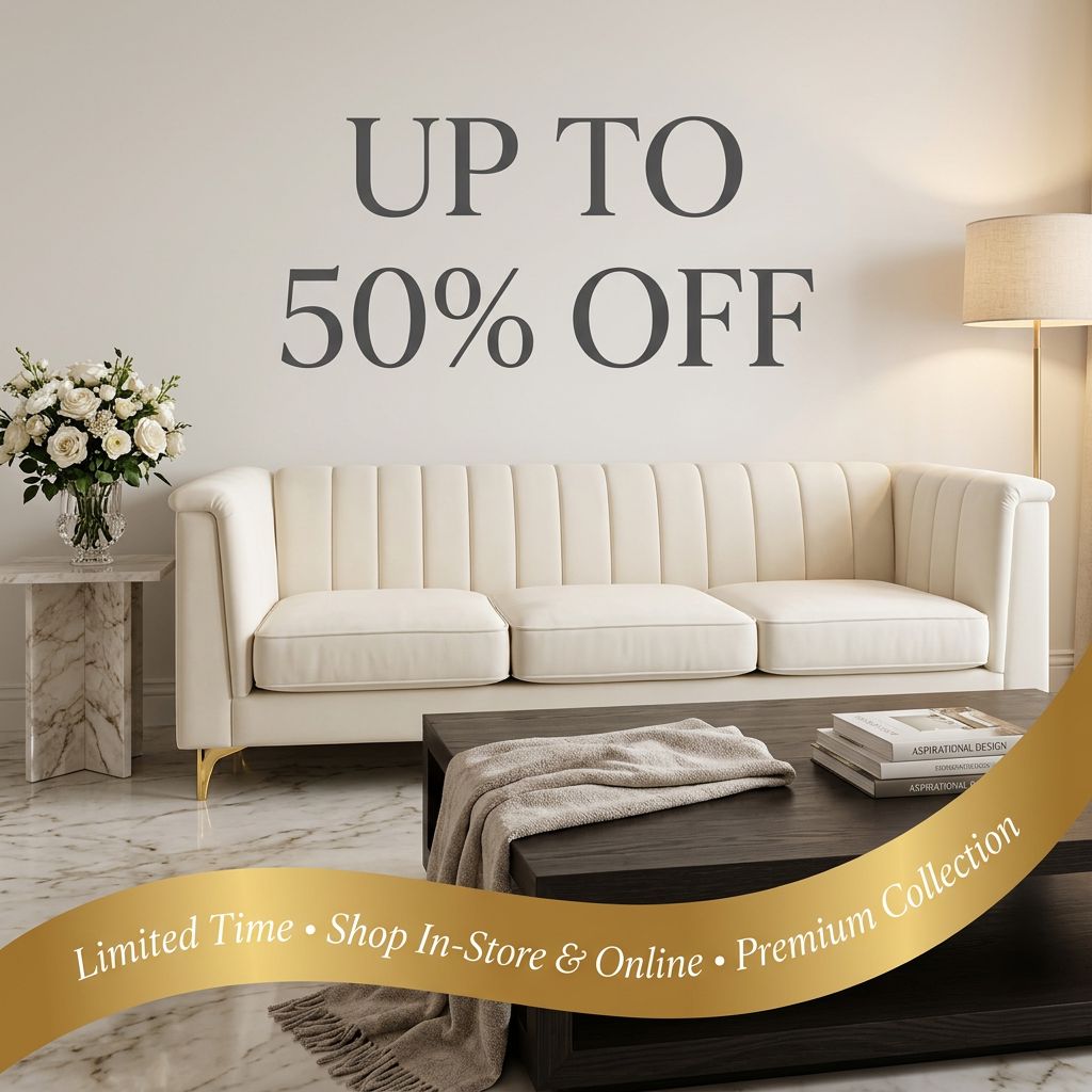 ABC Home Outlet — up to 80% off premium furniture collection, limited time, shop in-store and online