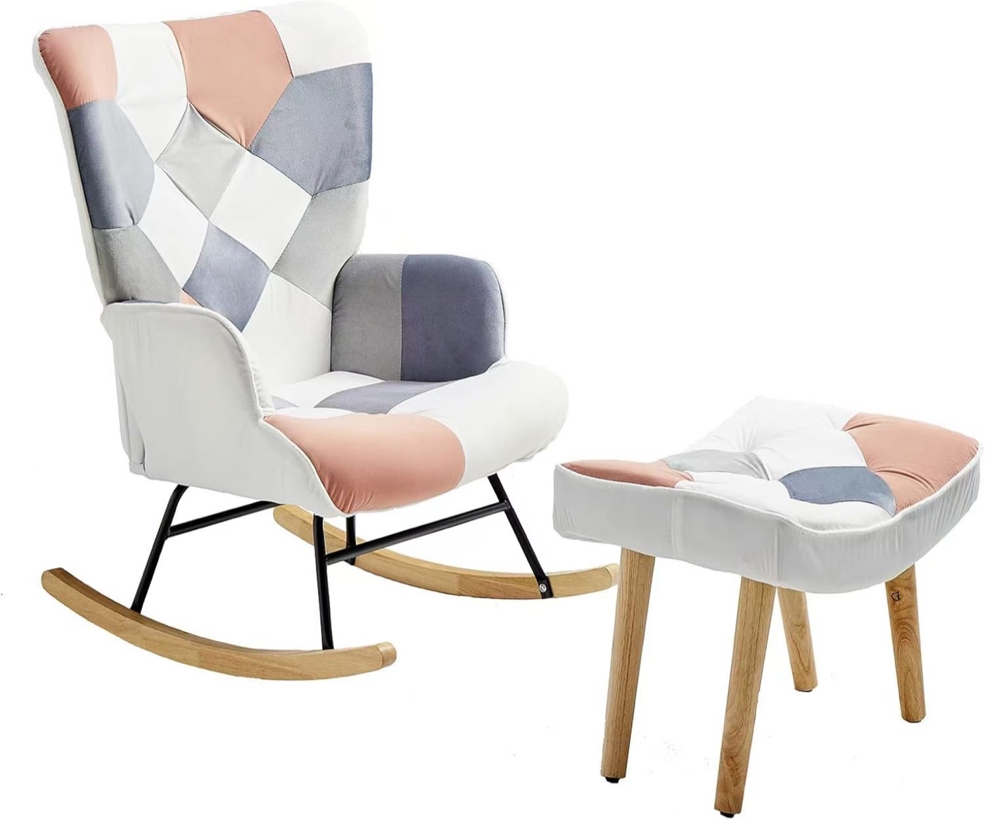 Pastel patchwork accent rocking chair with ottoman
