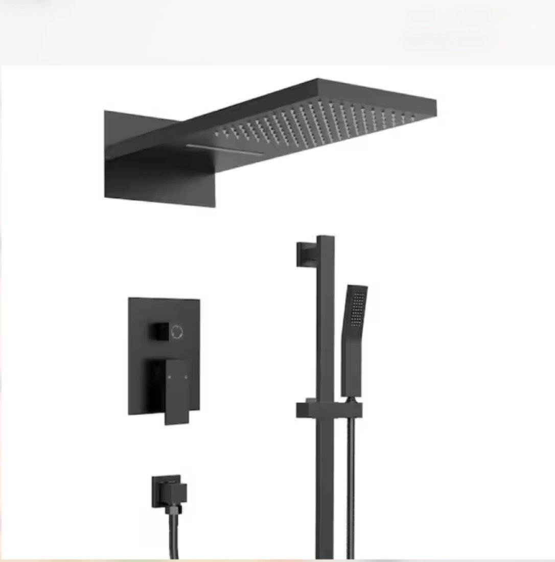 Matte black waterfall and rainfall shower system