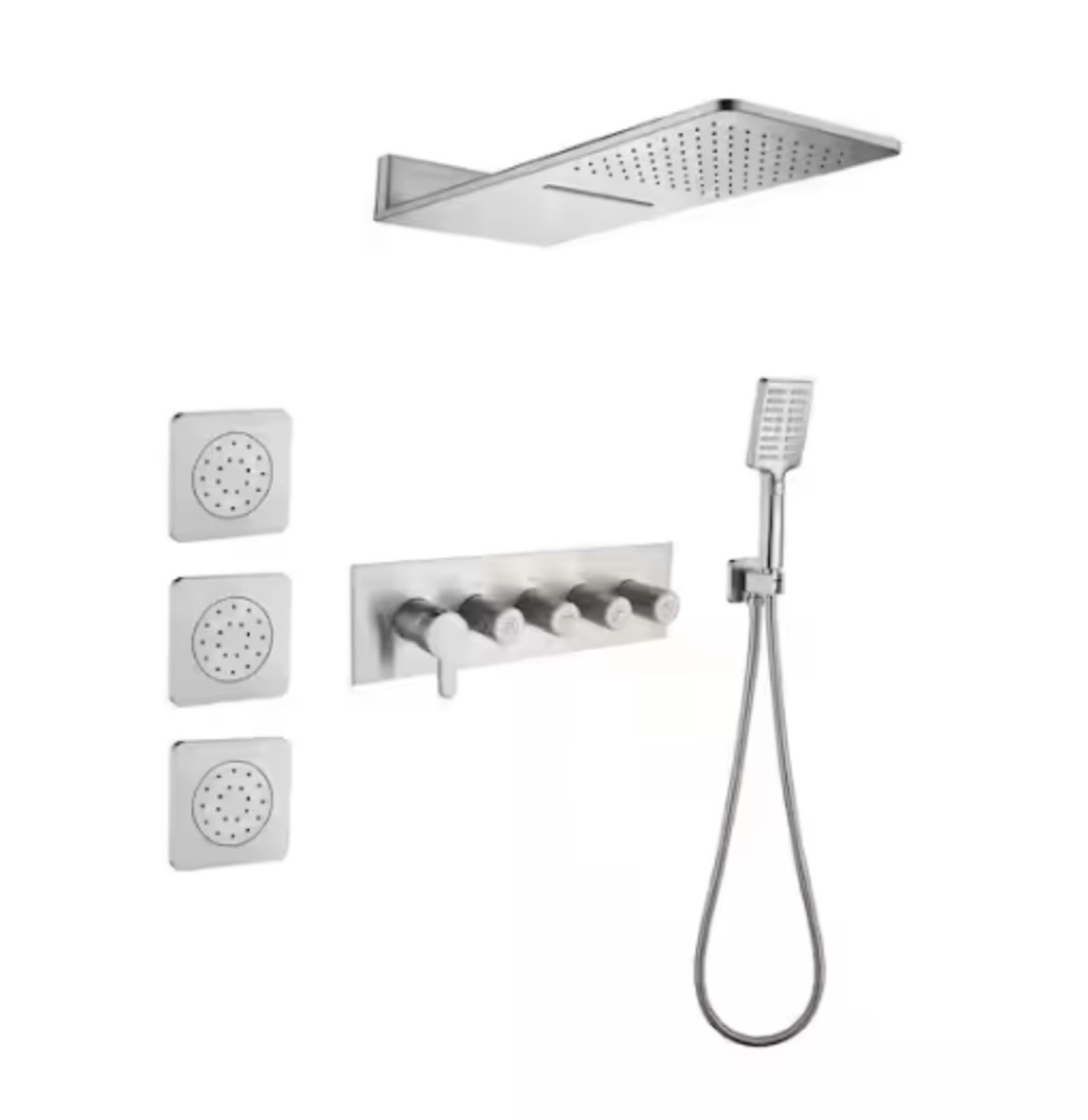 Nickel thermostatic shower system with body jets and handheld
