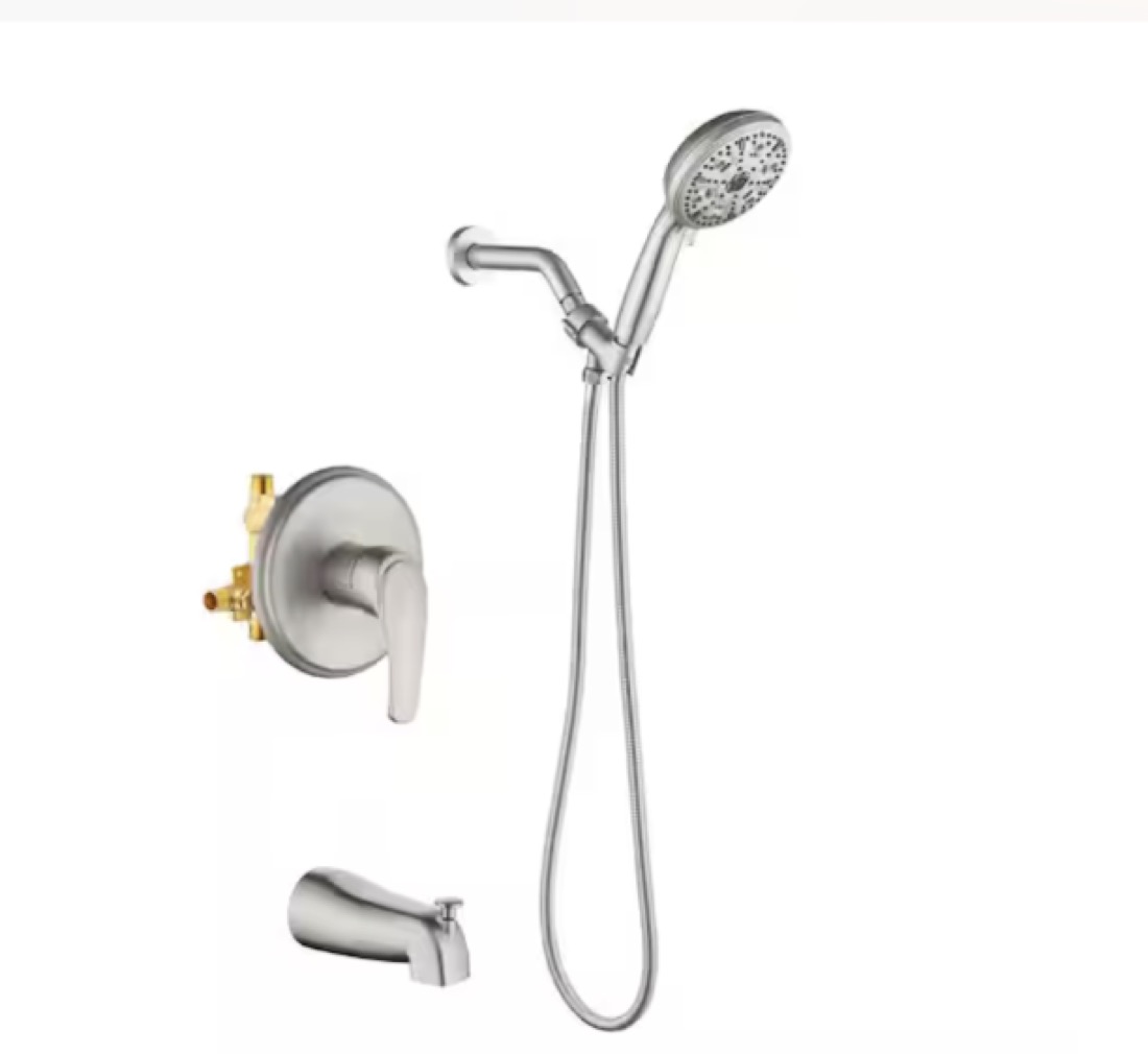 Brushed nickel shower system with tub spout and handheld