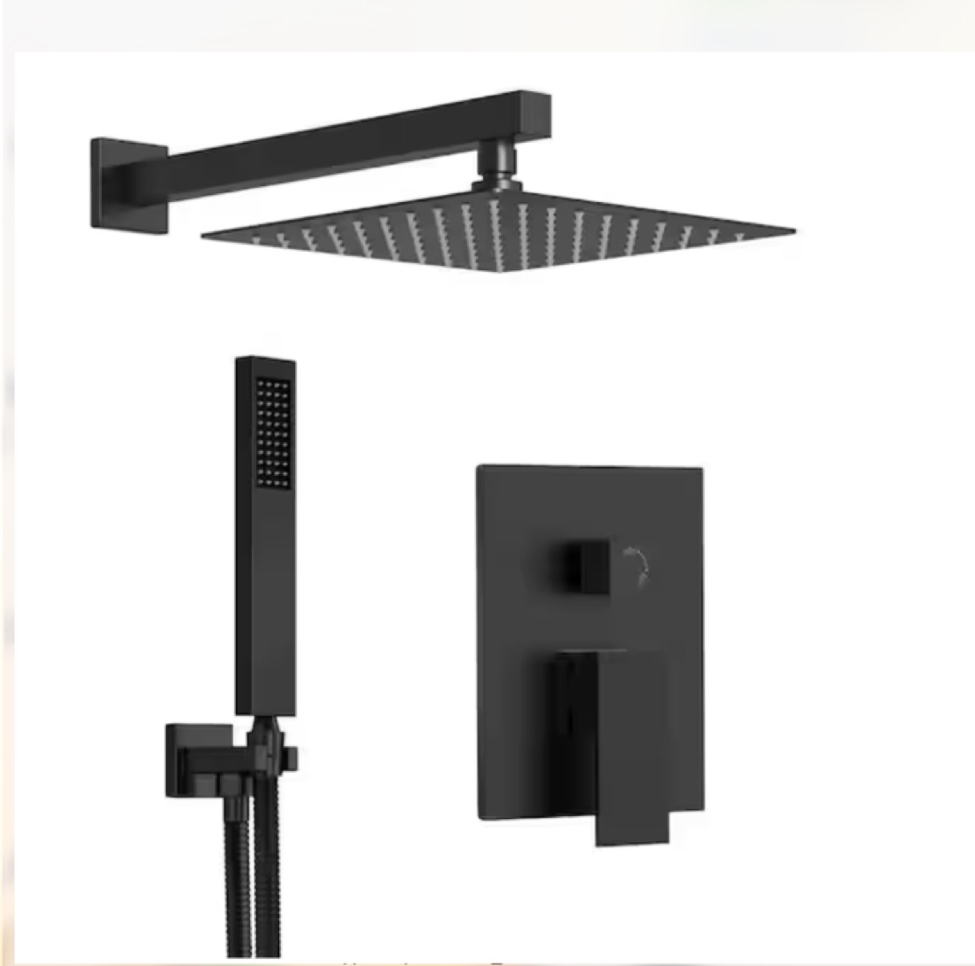 Matte black wall-mount rainfall shower system with handheld sprayer