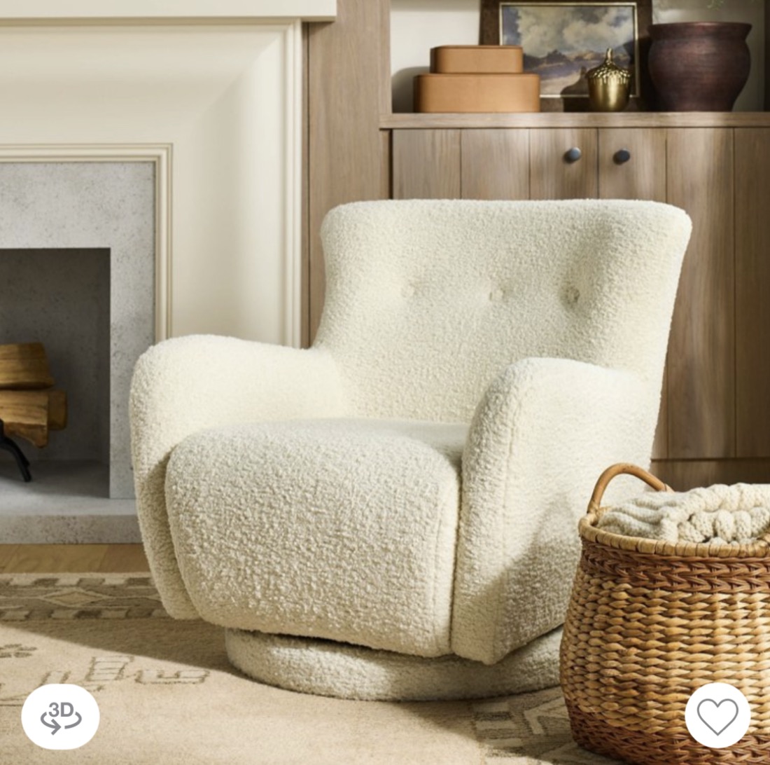 Cream boucle upholstered swivel glider accent chair